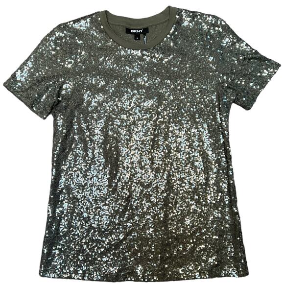 DKNY Sequin Top Olive Green Women's Size Extra Small XS Glitter Sparkle Crewneck - Picture 1 of 7